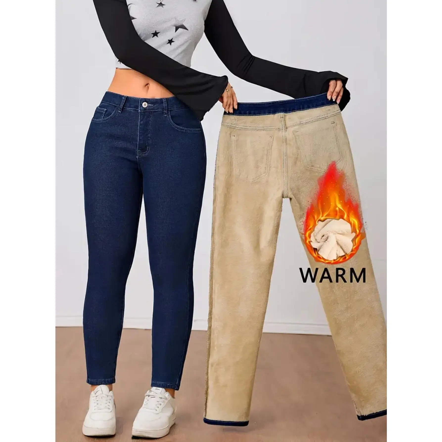 Women's Plain Skinny Jeans with Cashmere Lining for Winter, Vintage Style Light Wash, Medium Stretch Cotton Woven Fabric, Lady, Casual Wear, Stretchy Jeans, High Stretch Jeans