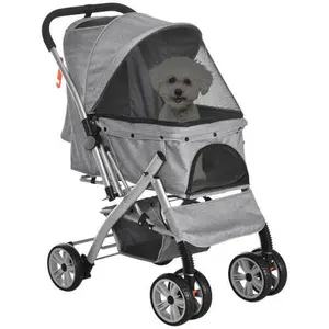 Travel Pet Stroller for Dogs Cats One Click Fold Jogger Pushchair with Swivel Wheels Braket Basket Storage Safety Belts Adjustable Canopy