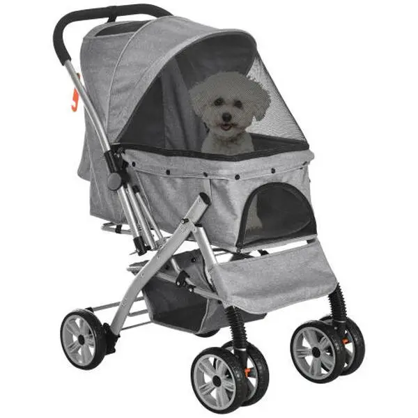Travel Pet Stroller for Dogs Cats One Click Fold Jogger Pushchair with Swivel Wheels Braket Basket Storage Safety Belts Adjustable Canopy