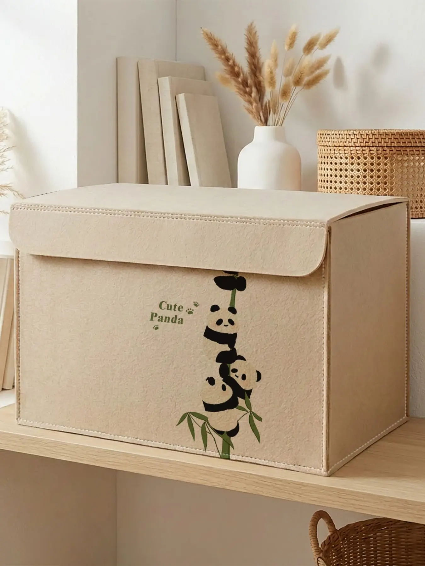 Panda Pattern Storage Box, 2D Print Felt Texture, Lids Included, Ideal for Clothes Snacks Files, Perfect for Renters Students Moms