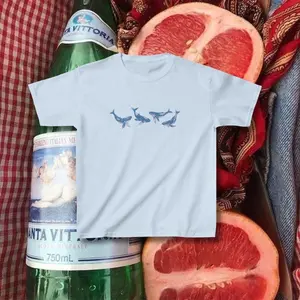 Coastal Whale Baby Tee, Women Summer Crop Tee, Y2K Top, Womenswear