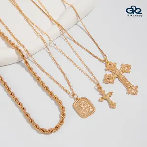 Viral TikTok Layered Cross Pendant Necklace Set, 4pcs Stacked Gold Plated Necklaces, Vintage Hip Hop Multi-Layer Chain Jewelry for Women & Men