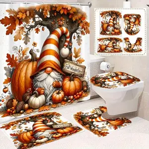 4pcs Thanksgiving pumpkin and gnome prints, exquisite shower curtain set, non-slip floor mat, U-shaped carpet, toilet lid cover, perfect for bathroom decoration, partition, beautify the space, 12 shower curtain hooks are included