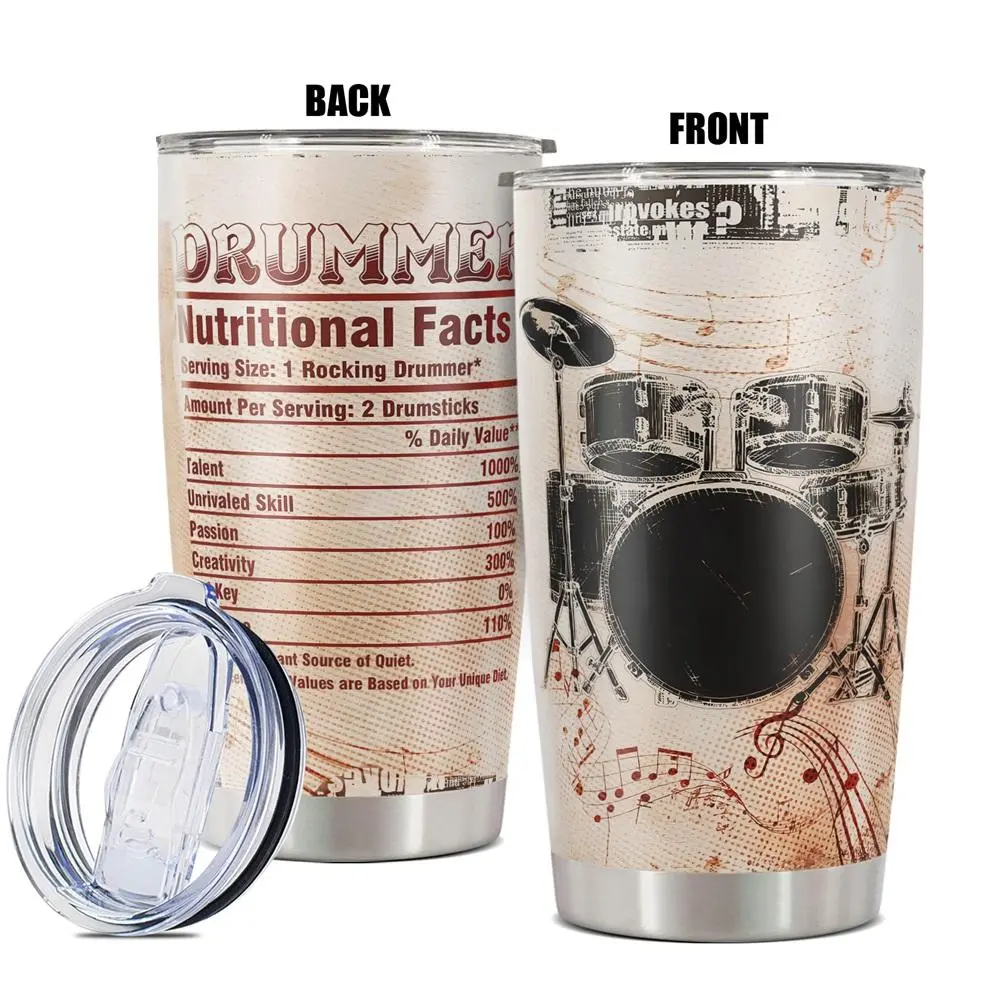 20oz Tumbler, 1 Count Drum & Letter Pattern Insulated Tumbler, Drinking Cup for Home Office School, Gift for Drummer, Drinkware