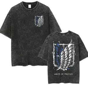 Anime Attack on Titan Wings of Freedom Vintage Washed Print Tee, Mikasa Ackerman Eren Jaeger Graphic Logo Men Summer Cotton Casual Streetwear