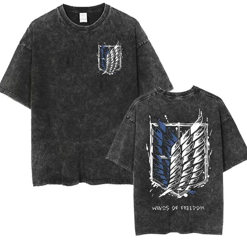 Attack on Titan Vintage Washed Tee, Freedom Wings Graphic Cotton Top, Unisex Anime Summer Casual Wear Attack on Titan Retro Tee, Anime Daily Streetwear
