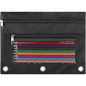 Pencil Pouch for 3 Ring Binder - 3 Hole Zipper Pen Case Bag Holder Bulk Accessories Clear Window Aesthetic Organizer Pockets
