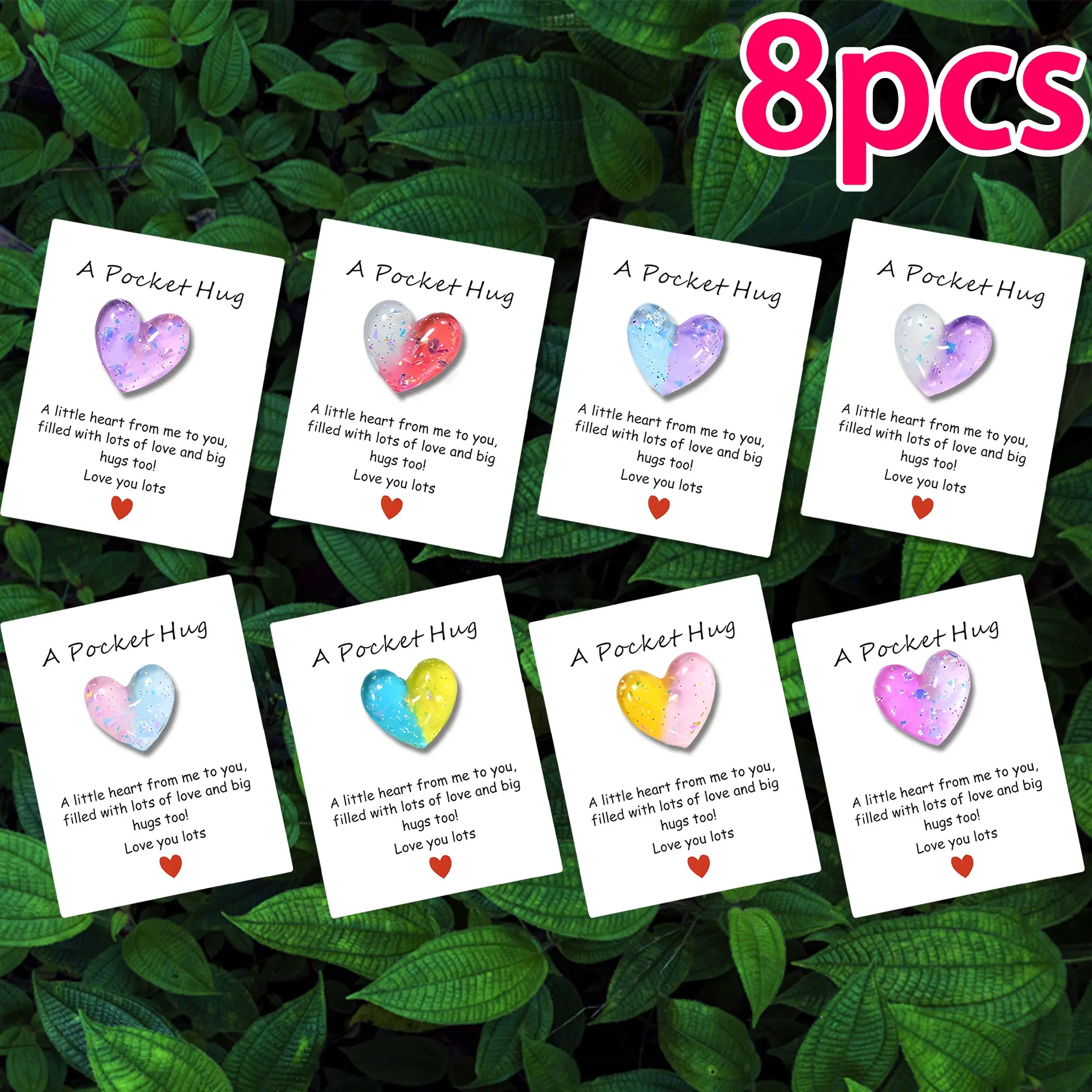 48pcs Multicolor Gradient Heart Hug Cards, Positive Message Card, Transparent Resin Hearts with Encouragement Words, Valentine's Day Gift, Birthday Present, Positive Affirmation Cards