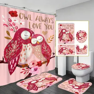 Cute Owl Heart Cat Bath Set, Hand-Drawn Healing Design, Waterproof Shower Curtain & Non-Slip Absorbent Mat, Romantic Bathroom Decor