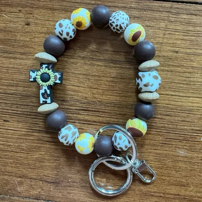 Sunflower Cross Wristlet Keychain with O-ring for easy attachment to bag or purse