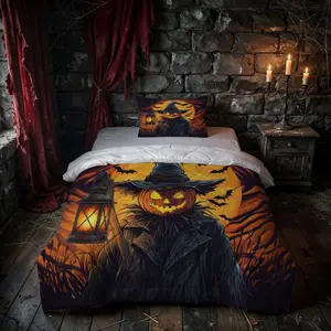 2/3 Piece Halloween Pumpkin Scarecrow Comforter Set, Gothic Horror Lantern Bedding, No Insert, Soft All-Season Quilt for Bedroom, Dorm, Halloween Decor & Gifting