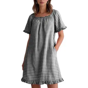 Womens Cotton Gingham Nightgown Square Neck Ruffled Short Sleeve House Dress Mini Pullover Sleepwear with Pockets