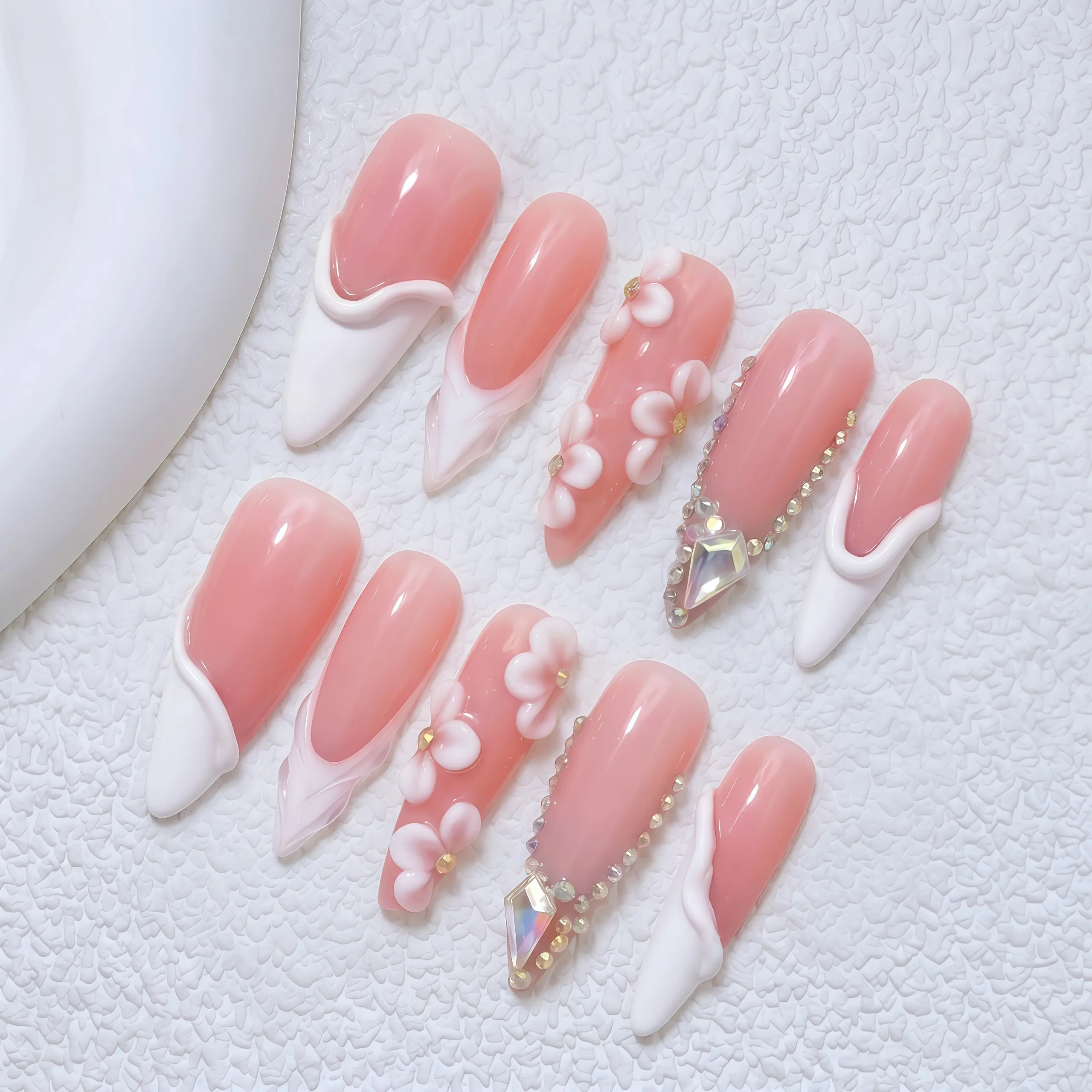 White French Tip Long Stiletto Handmade Press On Nails - Intricate 3D Floral Design, Embedded Rhinestones, Shiny False Nail Tips