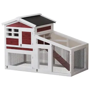 Wooden Rabbit Hutch, Large 60.6"l Bunny Cage & Chicken Coop, 2-Story Indoor/Outdoor Rabbit Cage with Anti-Chew Metal Wire Mesh, Ramp, Pull-Out Tray, Weatherproof Roof, for Chickens, Ducks, Guinea Pigs,White