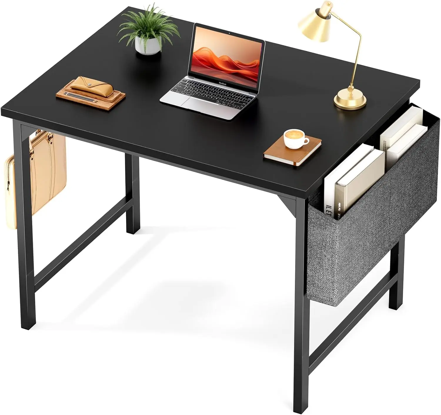DUMOS 32 inch Small Computer Desk Writing Study Work Office Table Modern Simple with Storage Bag and Hook for Home Bedroom, Black