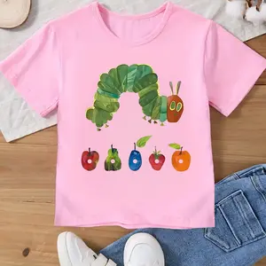 Caterpillar Apple Cute Cartoon Images Kids Girls T-shirt 100% Cotton Crew Neck Short Sleeve For Outdoor