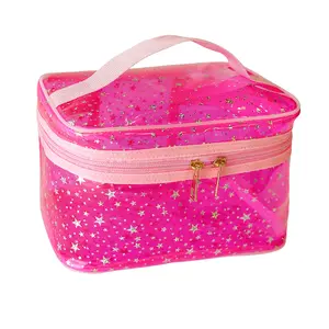Star Print PVC Makeup Bag with Handle - 8.66 * 5.51 * 5.51 inch,Clear Storage Bag Toiletry Pocket Portable Zippered Pouch Waterproof Cosmetic Organizer Bags for Women (Pink/Purple)