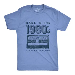 Mens Made In The 1980s T Shirt Funny Retro Cassette Tape Music Graphic Tee Mens Funny T Shirts Cool Vintage Fashion T-Shirt Gift Classic Menswear Music Apparel for Men Funny Vintage Short Sleeve Novelty Tees Light Blue