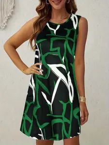 Elegant Plus Size Women's Geometric Print Pattern Round Neck Dress, Casual Long Sleeve A-Line Dress, Spring & Fall Fashion, Bohemian Casual Dress