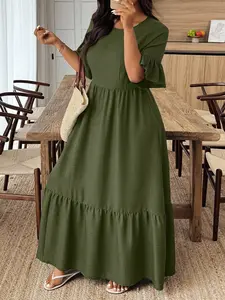Spring Summer New Plus Size Solid Color Round Neck Pleated Hem Casual Chic Feminine Elegance Ruffle Sleeve Short Dress, Perfect for Vacation and Travel, Womenswear
