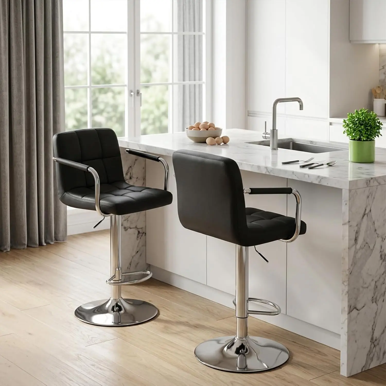 Bar Stools Set of 2, PU Leather Height Adjustable Swivel Barstools, Hydraulic Kitchen Counter Height Bar Chairs with Metal Armrests and Backrests for Kitchen, Dining Room