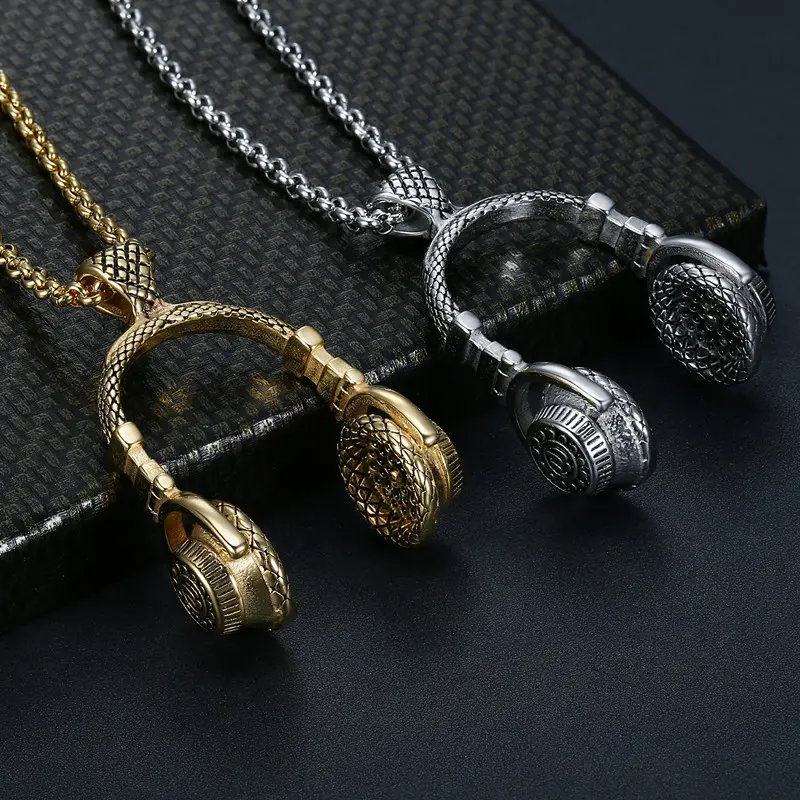 Unisex Stainless Steel Geometric Headphone Chain Necklace, Music-Themed Pendant Jewelry for Music Lovers, Unique Gift for Musicians, Casual Accessory