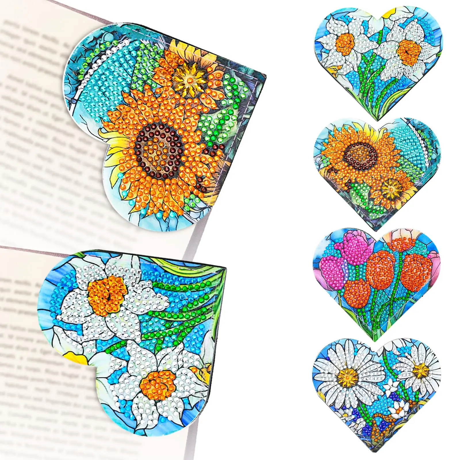 4 Pcs Diamond Painting Bookmark, DIY Corner Book Makers for Adults Book Lovers, Diamond Dot Art Beginners, Small Diamond Art Kits, Paint by Art Crafts Gift for Women Girls (Heart Flower)