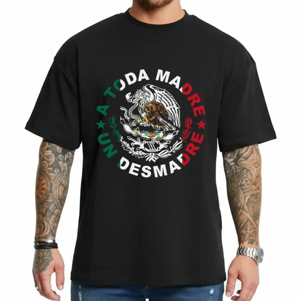 Women's A Toda Madre Design Flag Eagle Un Des Gangster Chicano Oversized Hoodie Tee - Polyester Digital Print Casual Outfits, Menswear Chicanos Cholo Mexican Style Clothing for Outdoor