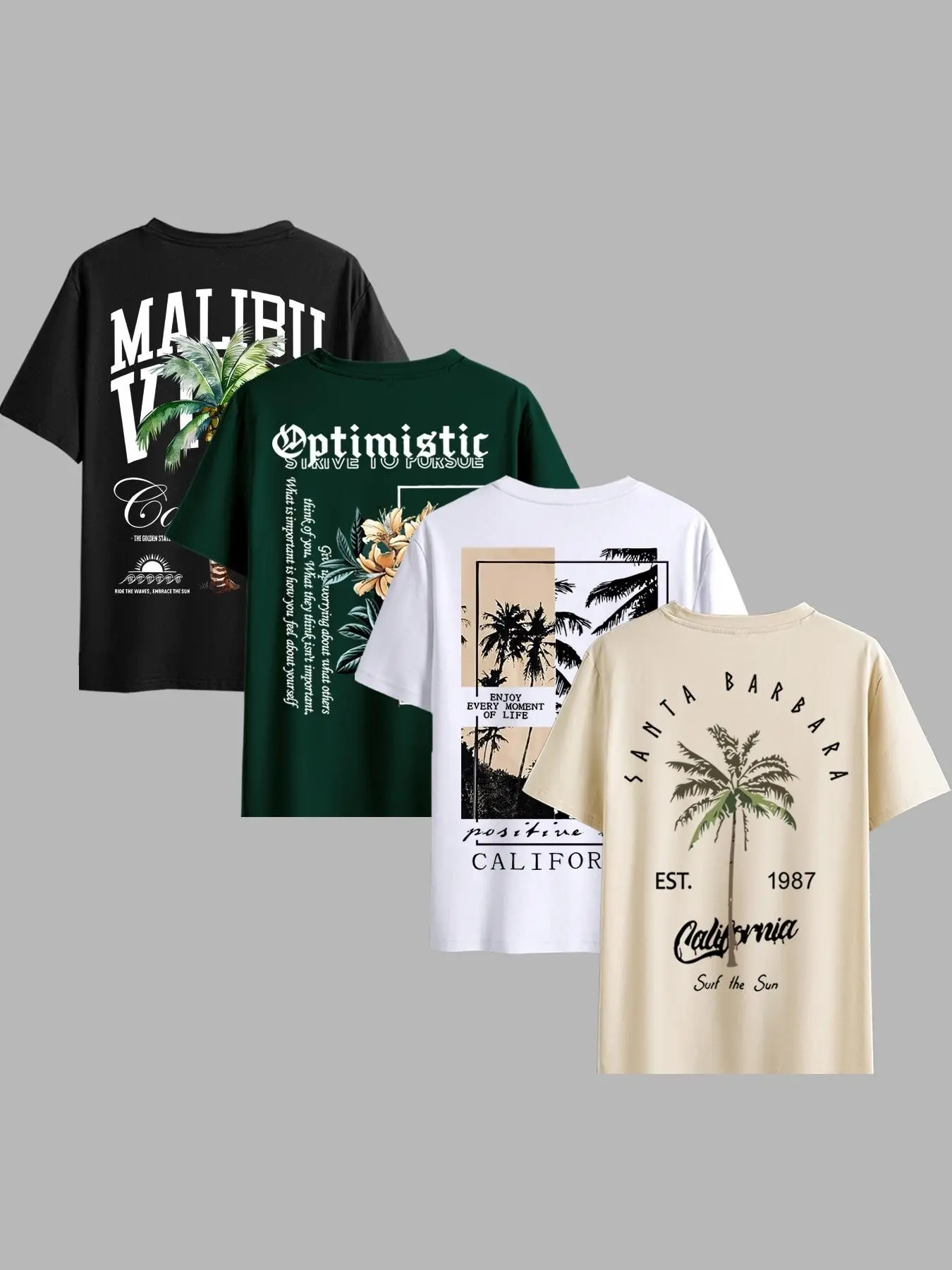 Men's 4-Piece Beach Coconut Tree Print Round Neck Short Sleeve T-Shirt Set, Casual Comfortable Summer Outdoor Wear