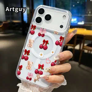 Magnetic Phone Case Supports Wireless Charging for iPhone 17 16  Pro Max Plus 15 14 13 12 11 Air E Cherry Teddy Dream Pattern Non-Yellowing Silicone Transparent Acrylic Large Hole Drop Protective Cover