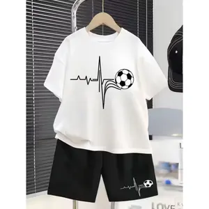 A Relaxed Two-Piece Outfit for Young Football Fans, Featuring a T-Shirt And Shorts with a Football Heartbeat Design, for Outdoor