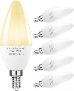 E12 Base LED Light Bulbs B11 Candelabra Bulbs 60W Equivalent, Non-Dimmable 6W LED Bright Candle Small Base Chandelier Bulb 600 Lumen, 2700K Soft White for Pack of 6