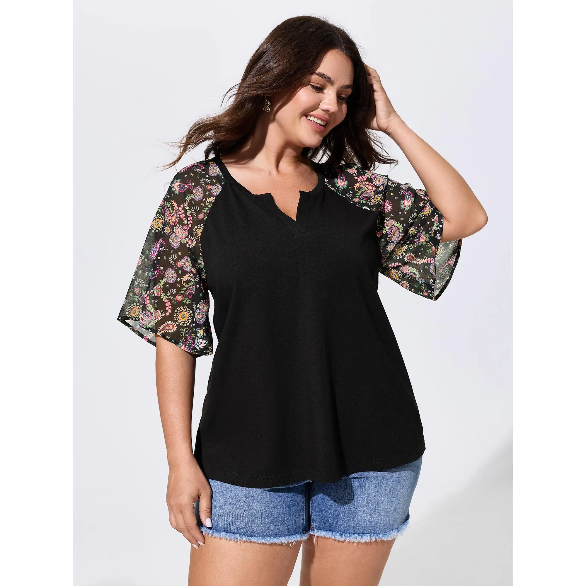 BLOOMCHIC Women's Plus Size Smooth Paisley Print Raglan Short-Sleeve Polyester Fabric Knit Top with Great Fit, Size M-6X, Summer Essential, Garment, Shortsleeve, Casual, Blouse, Garment Knit Top, Regular Length, Fitted, Lady, Casual Wear, Plus Size Clothe