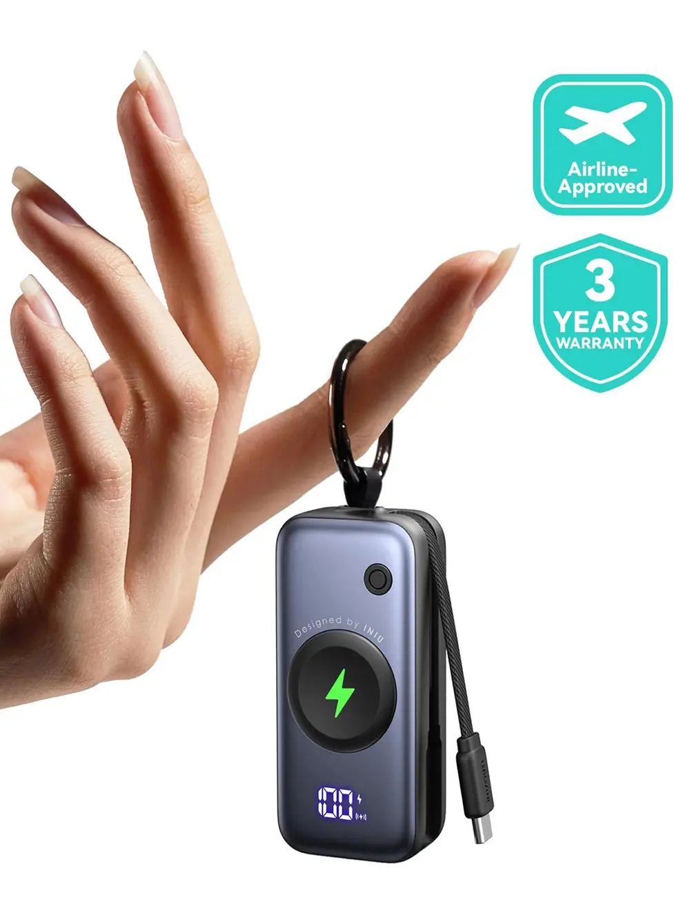 INIU P81 SnapGo Mini 5000mAh Power Bank, Phone Accessories with Built-in USB-C Cable & Keychain, 20W Fast Charging, Lightweight LED Display, EDC Travel Battery Pack, Cool Gadgets for Compatible Smartwatches/Phones/Earbuds, Mini Useful Gifts for Him