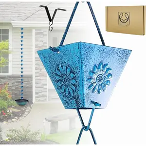 Rain Chain Water Collection for Gutters, Rainwater Catcher & Diverter, 8.5 FT Chains for Outside Garden Patina Square Cups, Roof Downspout, Works with Heavy Rain, w/Gutter Clip for Rainchains