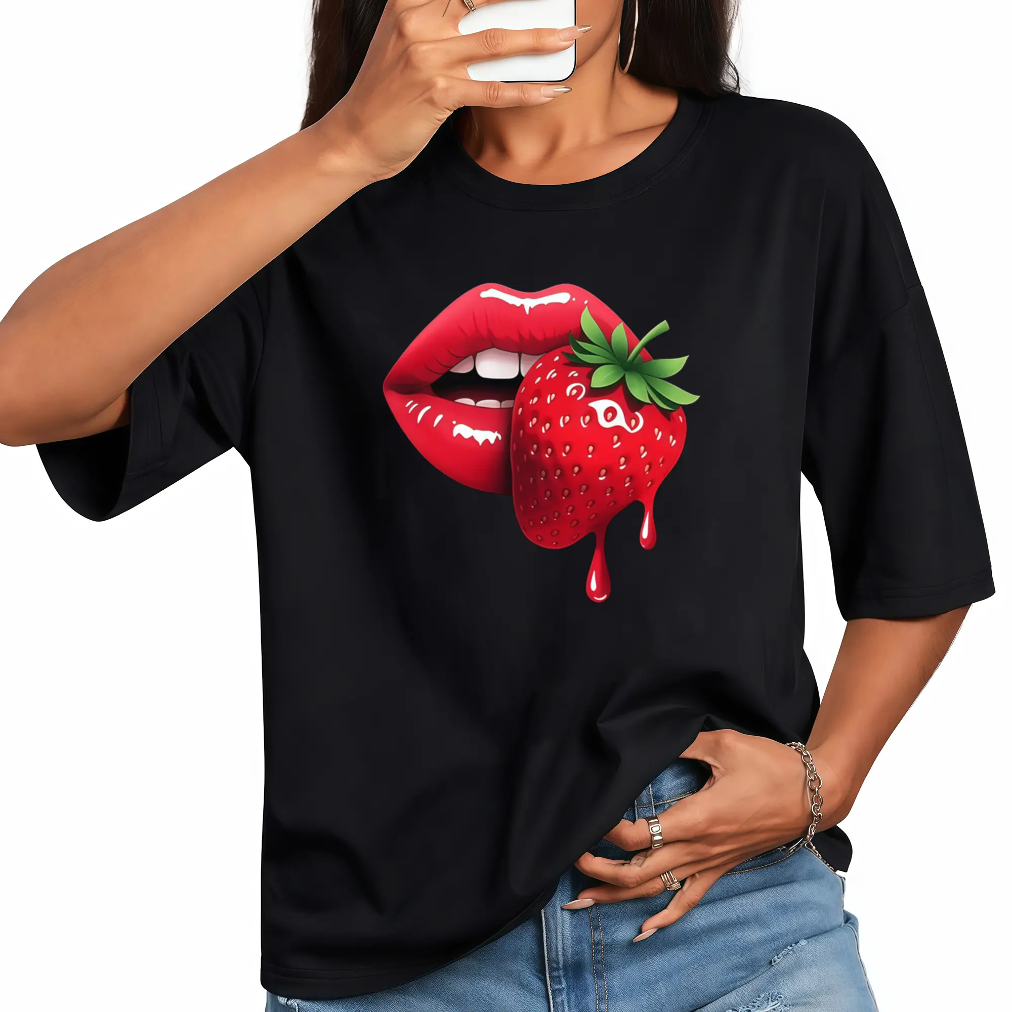 Womens Strawberry Lip Print TShirt Casual Short Sleeve Round Neck Top Ideal for Daily Wear Spring Summer Outfits Machine Washable Gift for Sisters Wives and Uniforms Cotton Womenswear