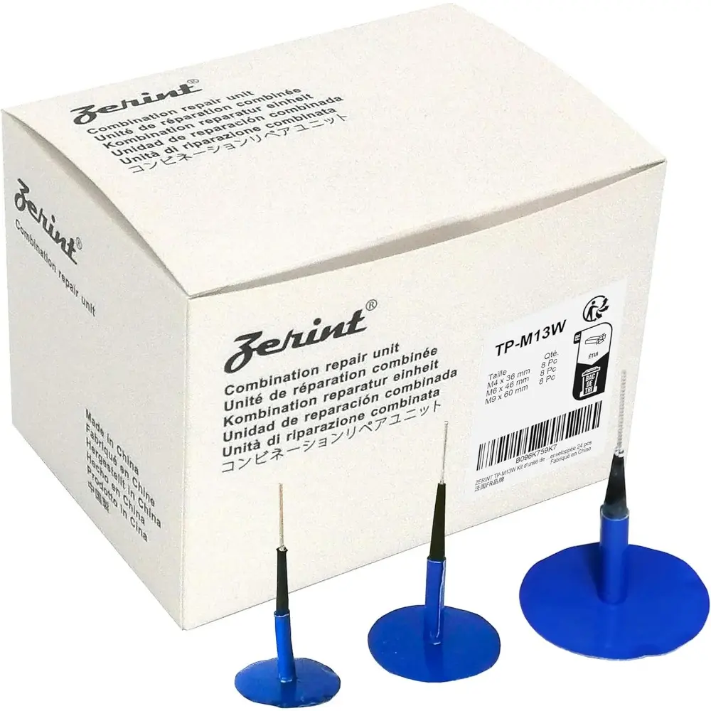Combination Repair Unit Kit, Tire Repair Patch Plug Kit 1/6" x 1 3/8", 1/4" x 1 3/4" and 3/8" x 2 3/8" Wrapped stem 8 pcs Each