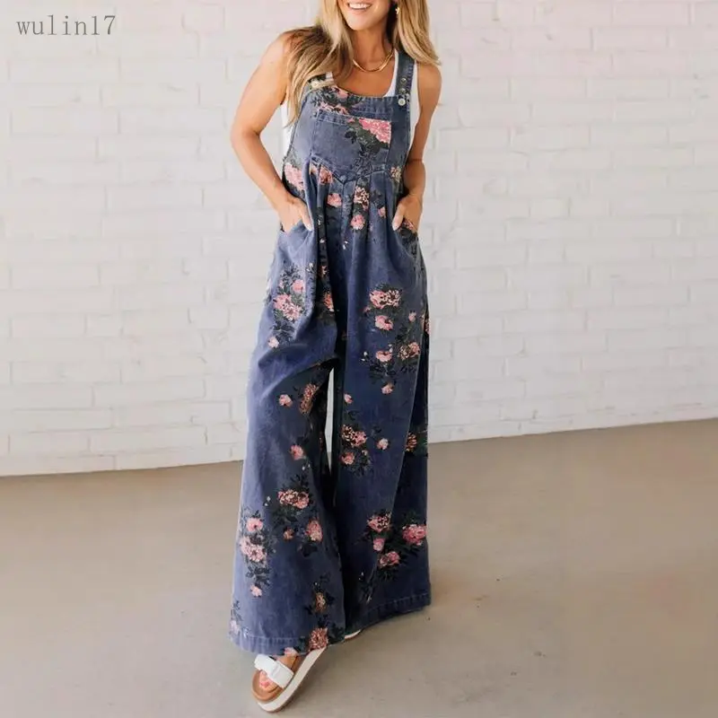 Women's Loose-Fitting Sleeveless Strappy Floral Print Denim Casual Overalls - Flared Jumpsuit for Womenswear