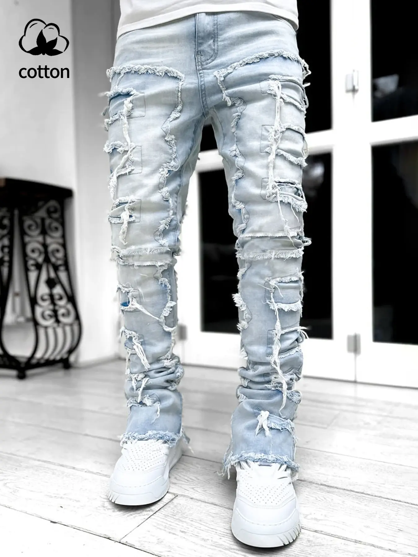 Men's Street Style Classic Ripped Distressed Skinny Jeans, Comfortable Straight Leg Mid Waist Casual Long Pants, Stretchy Fitted Denim for All Seasons, Menswear, Streetwear