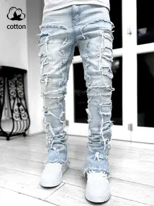 Men's Street Style Ripped Distressed Skinny Jeans, Comfortable Straight Leg Mid Waist Casual Long Pants, Elastic Fitted Denim for All Seasons