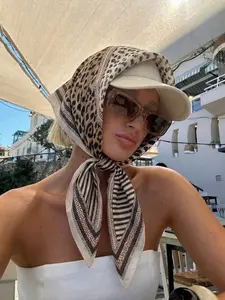 Vintage Leopard Print Satin Scarf, Unisex Casual Fashion Accessory, Patchwork Striped Design, Daily Wear, Men and Women