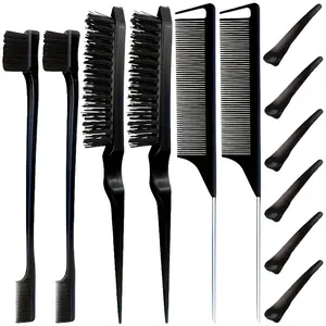 Hair Brush Set, 12 Pieces Nylon Brushes Including 3 Row Salon Teasing Brushes, Double Sided Edge Brush, Rat Tail Combs, Duckbill Clips for Women Girls - Black,Bangs comb-Decorate hair with a comb, shape makeup tools---Bling Hair