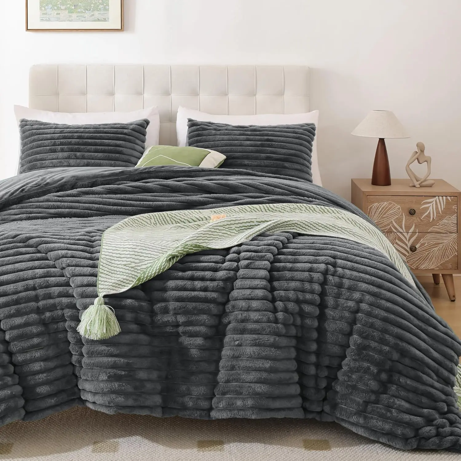 Fluffy King Size Comforter 3 - Dark Grey Fluffy Comforter, Fuzzy King, King, Heavy Faux Fur Comforter with 2 Pillow Cases