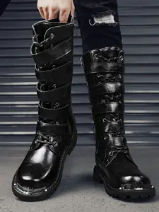 Men Classic New Long Boot Fashion Motorcycle Boots Metal Buckle Side Zip Punk Style Trendy Horse Riding Boots Casual Boots