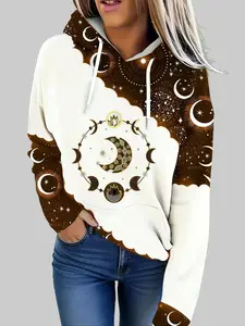 Women's Celestial Print Vintage Style Hoodie, Geometric Pattern All-Season Knit Pullover with Adjustable Drawstring Hood and Relaxed Fit for Casual Wear
