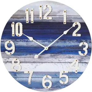 Beach Blue 24 Inch Large Wall Clock, Rustic  Beach Wall Decor Coastal Decor Nautical Decor, Silent  Operated with Large Numerals for Kitchen, Living Room, Bathroom, Bedroom