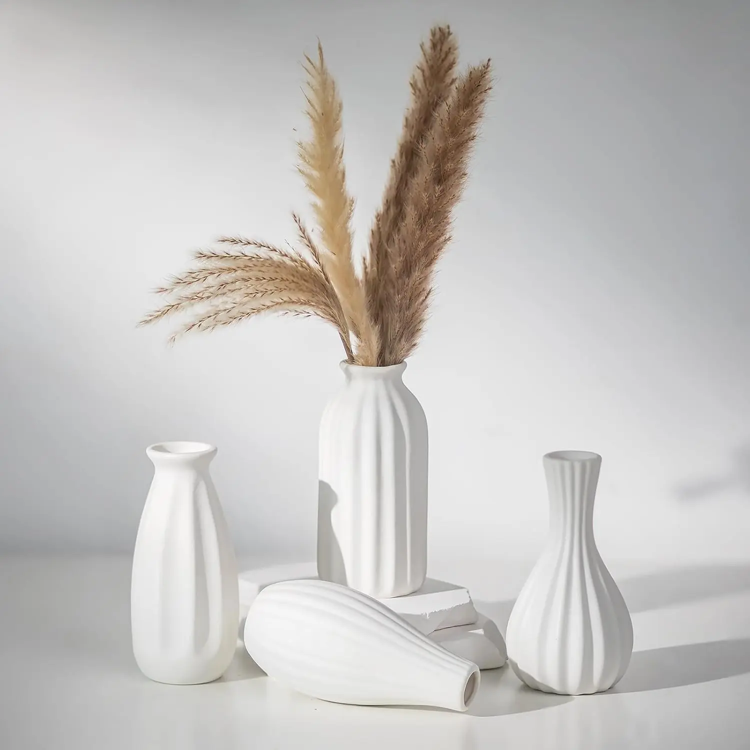 White Ceramic Bud Vase: Small Assorted Vases 4 Pcs, Unglazed | Table Centerpiece Decorations, for Christmas, Home, Wedding, Dining, Room