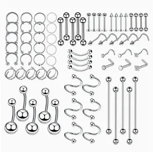 70Pcs Stainless Steel Assorted Body Piercing Jewelry Set - Nose Piercing Rings, Lip Studs, Industrial Jewelry, Belly Button Rings Collection, Industrial Piercing Jewelry
