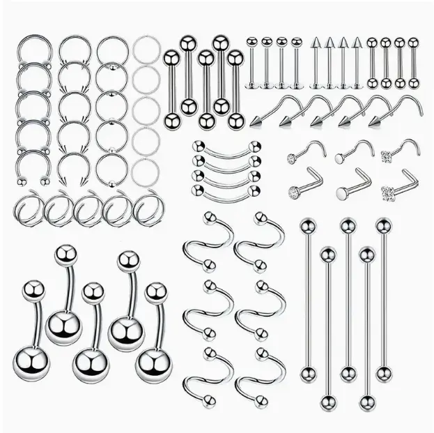 70Pcs Stainless Steel Assorted Body Piercing Jewelry Set - Nose Piercing Rings, Lip Studs, Industrial Jewelry, Belly Button Rings Collection, Industrial Piercing Jewelry