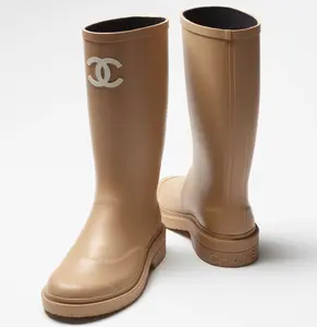 Chanel REV Classic Beige White Wellington Wellies CC Logo Pull On Rubber Rain Boots